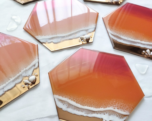 送料無料】輝く海のアート（21×18㎝）サンセットオレンジ 海レジン