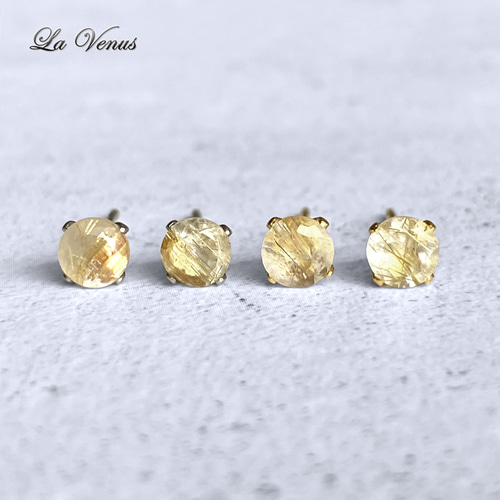 ✴︎つけっぱなしOK✴︎ 天然 ゴールドルチルクォーツ 一粒ピアス 4mm
