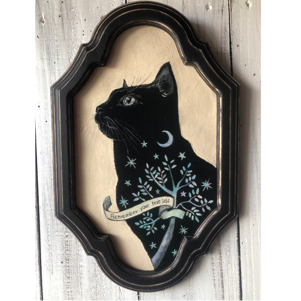 黒猫　愛猫の誕生日　アクリル画　開運絵画