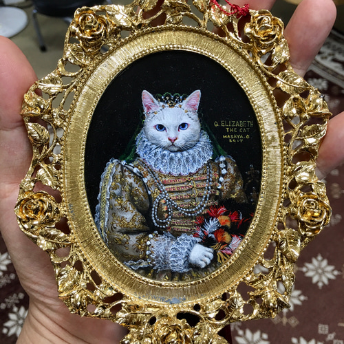 肉筆アクリル画「ねこ貴族 エリザネコ1世」マトソン製24Kプレート