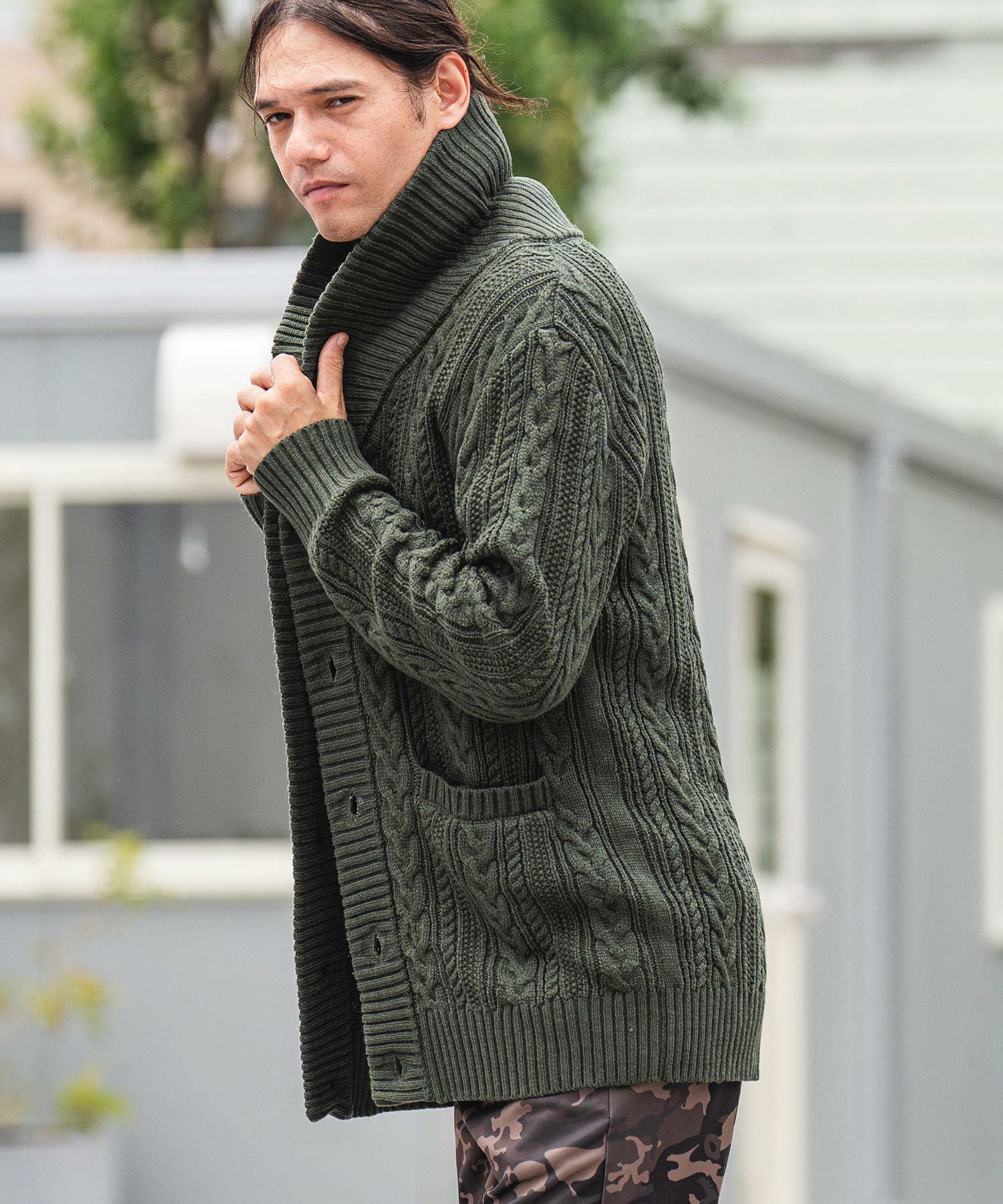 50%OFF【CAMBIO(カンビオ)】ショールカラーケーブルカーディガン(CMB