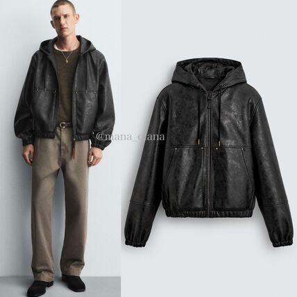 国内発送☆ZARA☆フェイクレザー*フーデッド ジャケット (ZARA/レザー