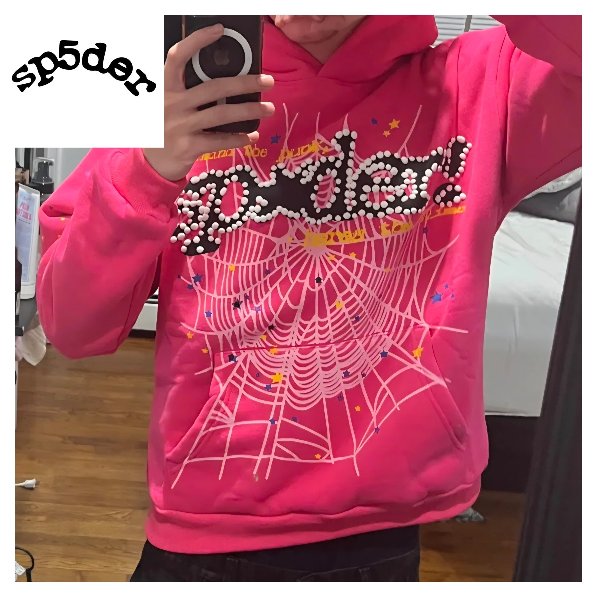 Sp5der】スパイダー Web Hoodie Pink Multi Star Rhinestone (SP5DER