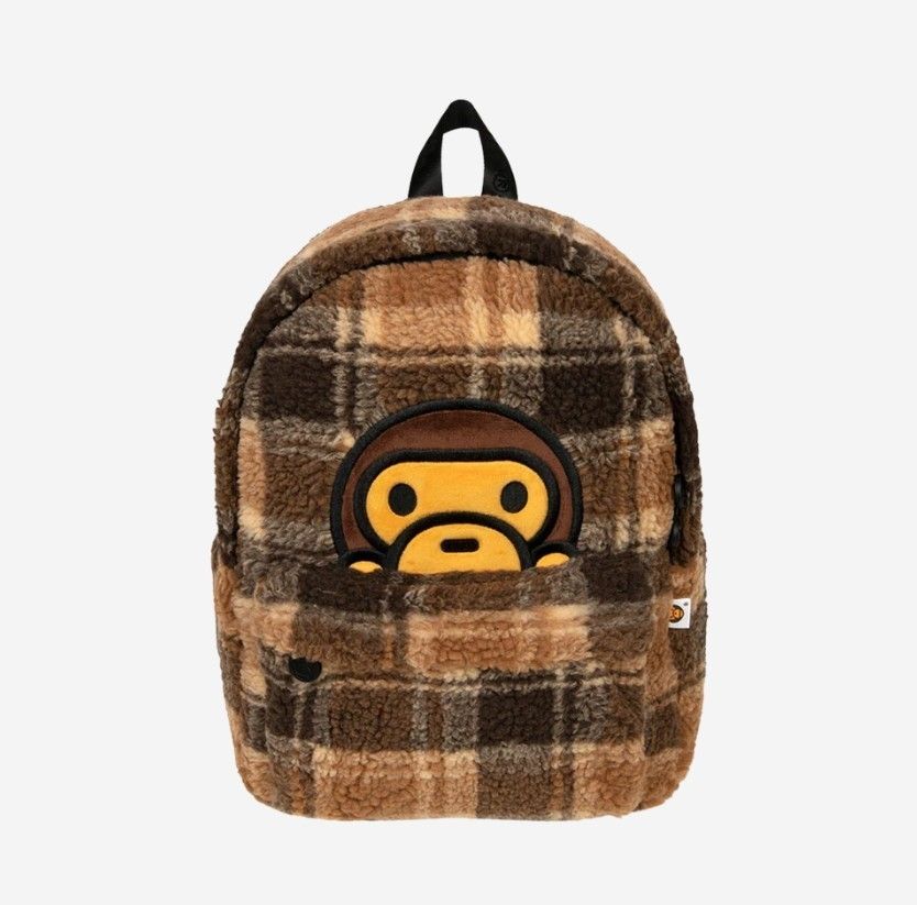 BAPE Baby Milo Check Sherpa Medium Backpack Beige Brown (A BATHING