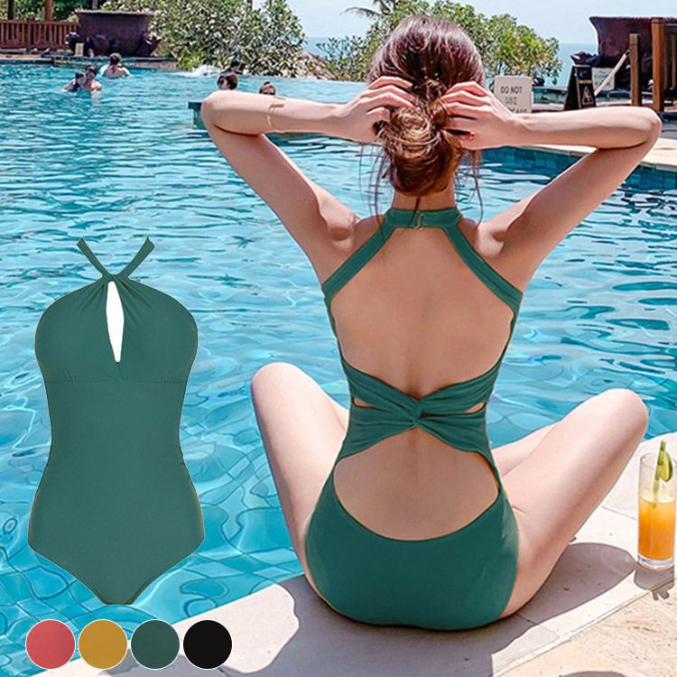 クロスホルターネック 谷間見せ モノキニ 水着 (ワンピース水着