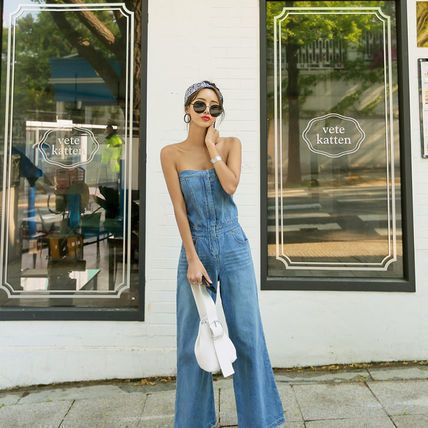デニム ワイドパンツ オールインワン ベアトップ オフショルダー