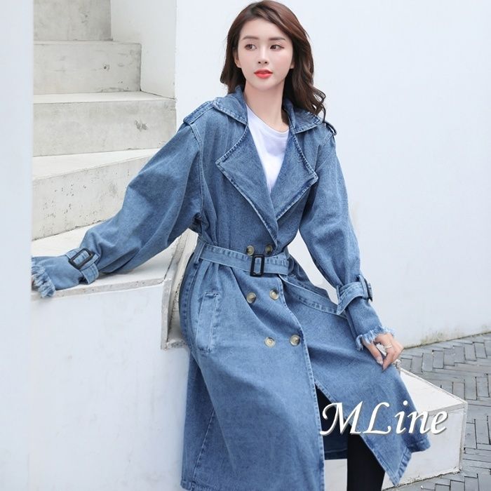 デニム トレンチコート 共ベルト エポレット スリーブストラップ