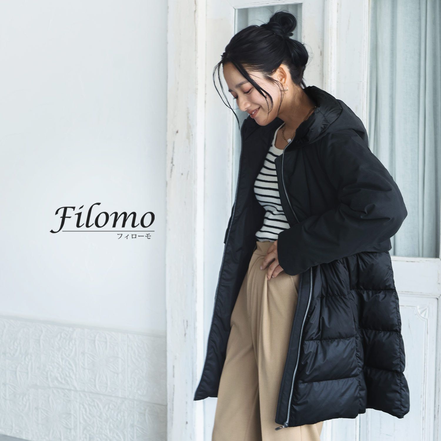 Filomo ダウンコート ジャケット 異素材 切り替え フード付 (ダウン