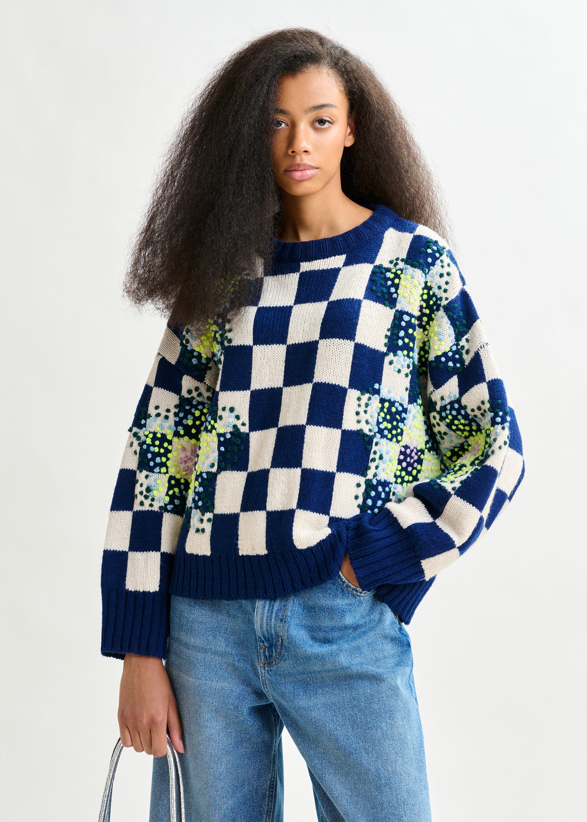 Navy, off-white and yellow checkerboard floral jacquard knit