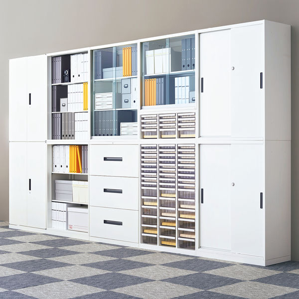 オカムラ スチール収納VILLAGE 3枚引違い（シリンダー錠） 3段 本体