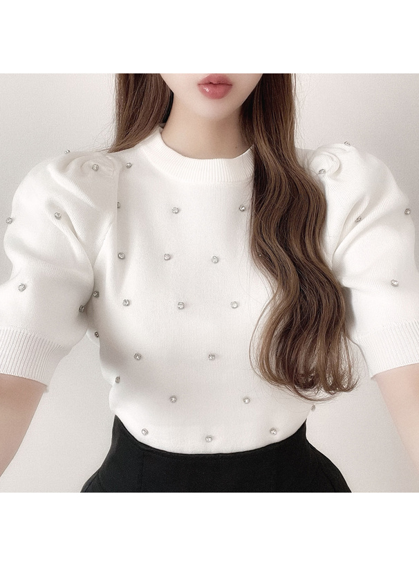 ビジューパフスリーブニットトップス[at2219] | レディース