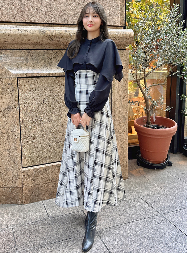 チェック柄ドッキングケープカラーワンピース[k9379f] | レディース