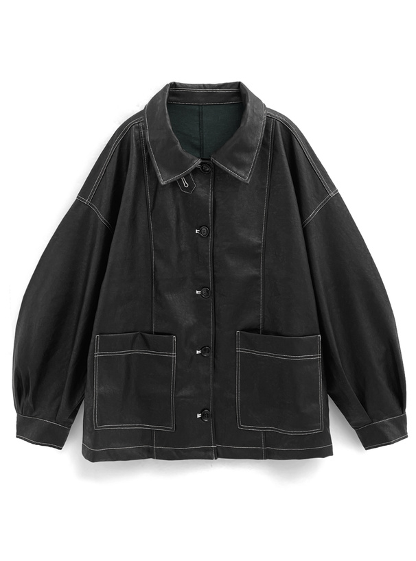 襟2Way配色ステッチレザールーズブルゾン[on259] | レディース