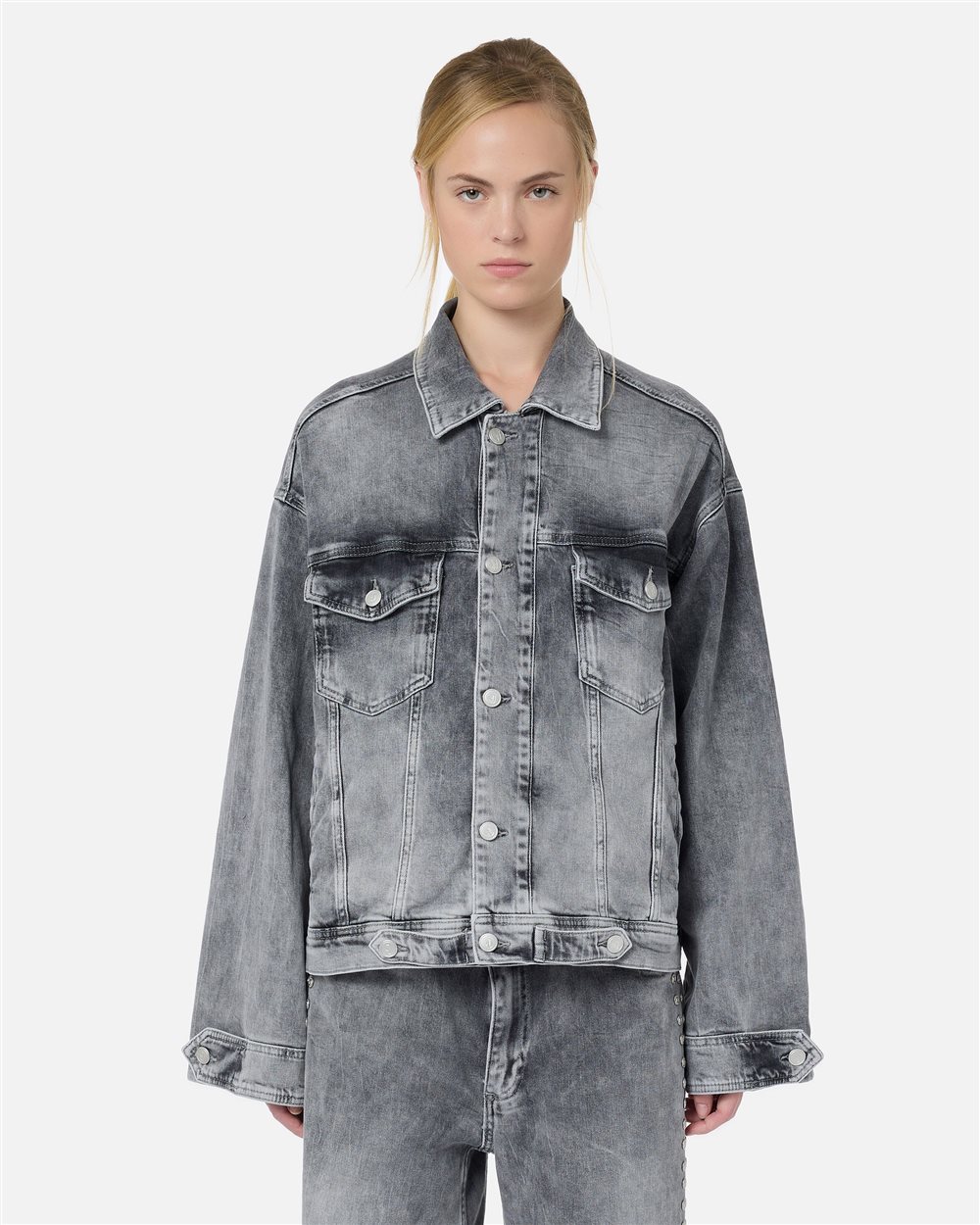 Acid wash grey denim jacket with riveted logo details | ICEBERG
