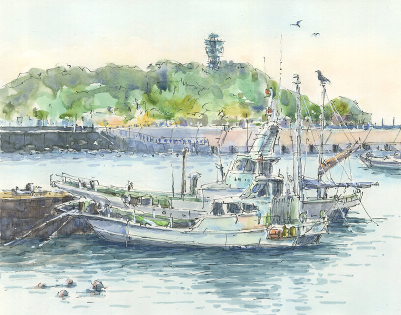 注文制作します 水彩画原画 江の島と腰越漁港A | iichi 日々の暮らしを
