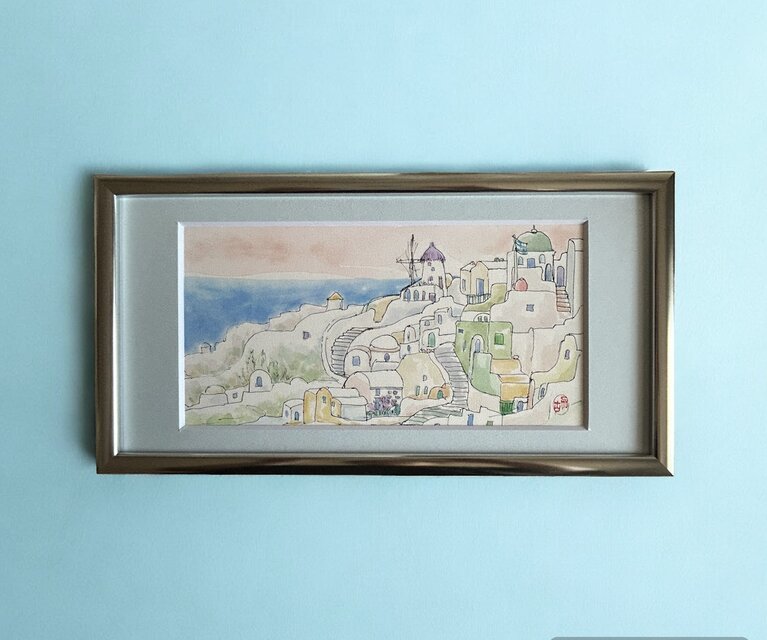 夕日に染まる白い町（ギリシャ、サントリーニ島の村イア、原画、透明