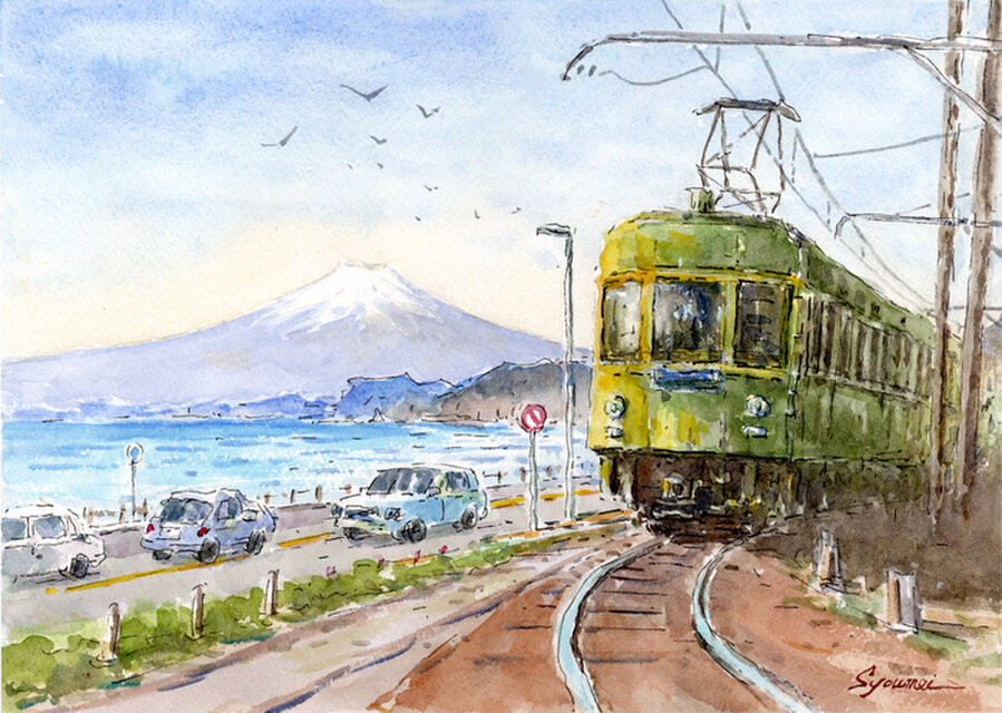 水彩画原画 富士山と江ノ電・七里ガ浜 ＃650 | iichi 日々の暮らしを