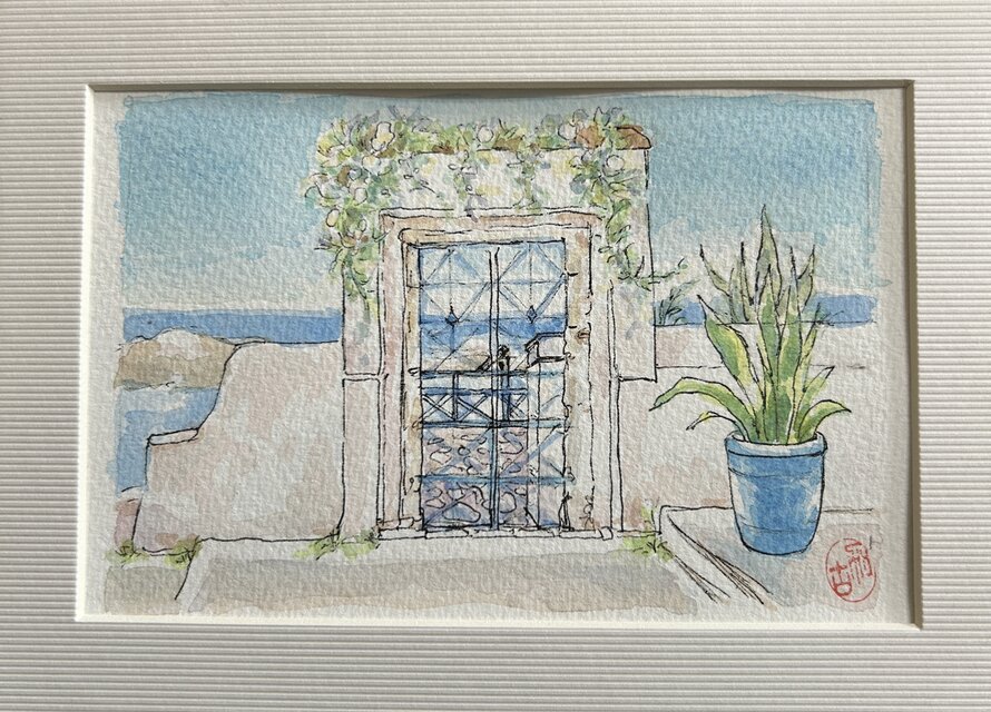 エーゲ海の休日(透明水彩、原画、ギリシャ、サントリーニ島、風景画