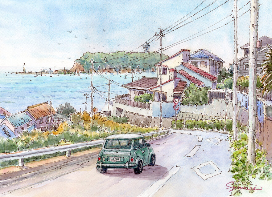 水彩画原画 江の島と七里ガ浜高台 ＃684 | iichi 日々の暮らしを