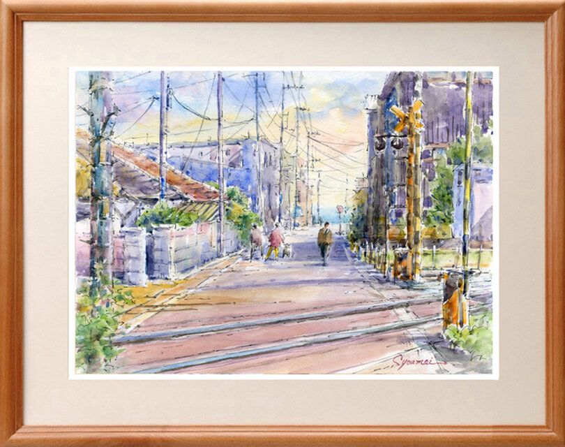 水彩画原画 江ノ電踏切風景・稲村ヶ崎 ＃521 | iichi 日々の暮らしを
