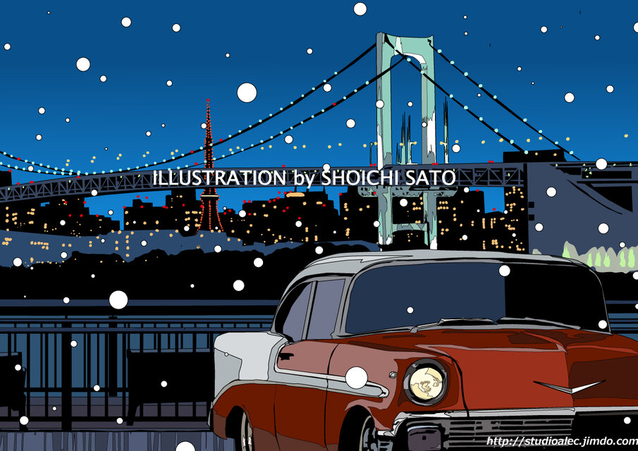 版画作品 「TOKYO SNOW NIGHT 」 （雪降る東京の街角イラスト