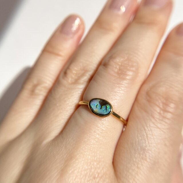 天然ボルダーオパールリング 15号 原石から磨いた1点ものジュエリー