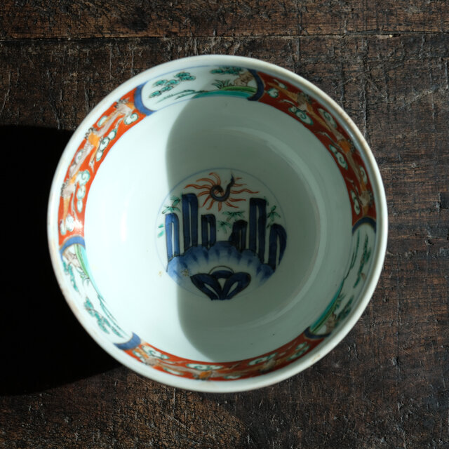 ポップで可愛い◇鶴や風景 伊万里 錦手金彩六寸深鉢 骨董・antiques