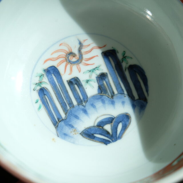 ポップで可愛い◇鶴や風景 伊万里 錦手金彩六寸深鉢 骨董・antiques