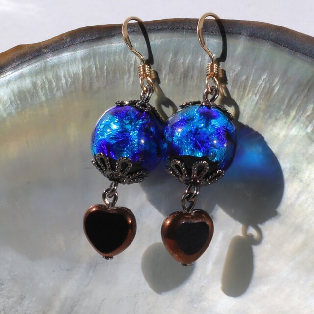 ピアス ほたる玉 ハート 14KGF とんぼ玉 チェコ 光る 沖縄 お土産 琉球