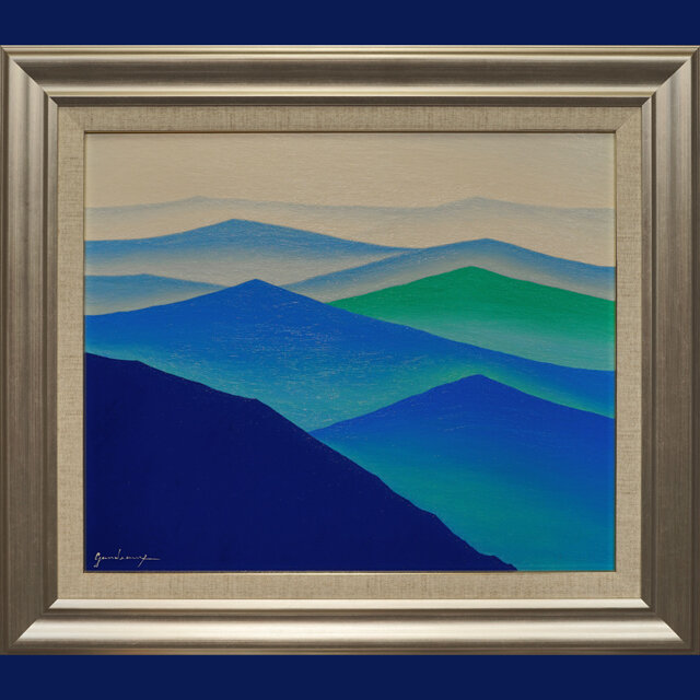 肉筆油絵◇『青のやまなみ』◇がんどうあつし真作直筆絵画F8号シルバー