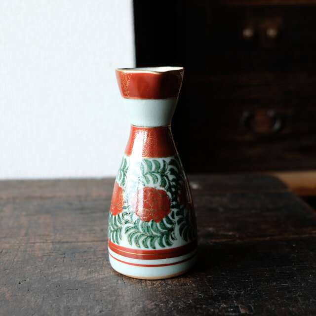 花とリーフ◇九谷焼 赤絵金彩徳利 酒器 インテリア 昭和レトロ