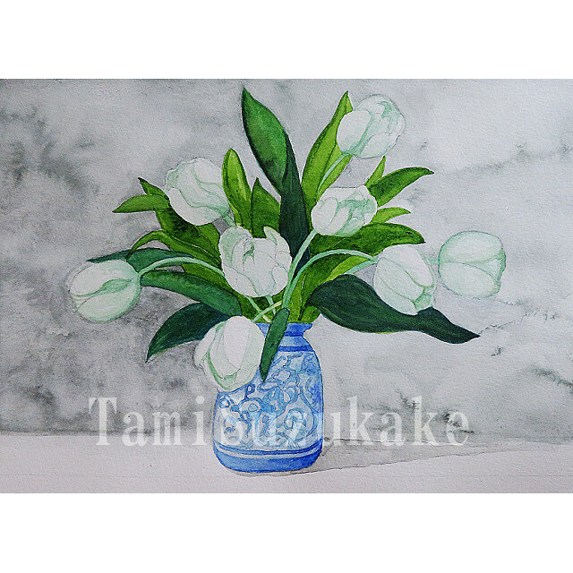 水彩画原画「花瓶と白いチューリップ」 | iichi 日々の暮らしを