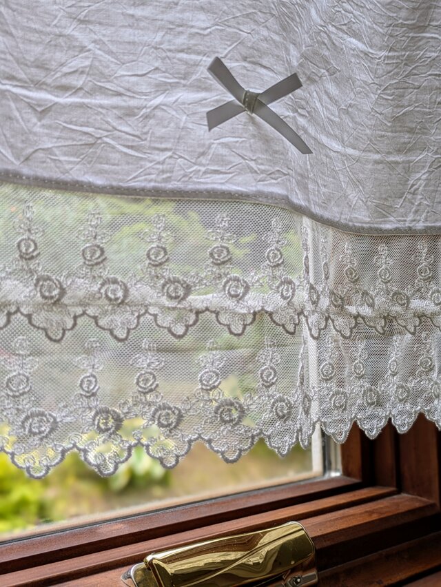 ホワイトコットン♪ダブルローズチュールレースカフェカーテン♡リボン