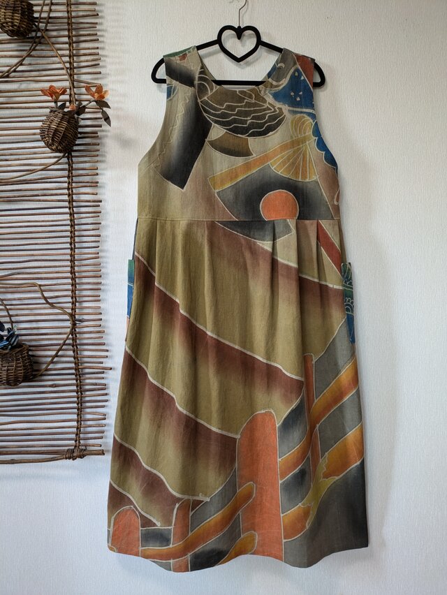 古布リメイク のぼり旗（柿渋染）の2wayジャンバースカート やばた