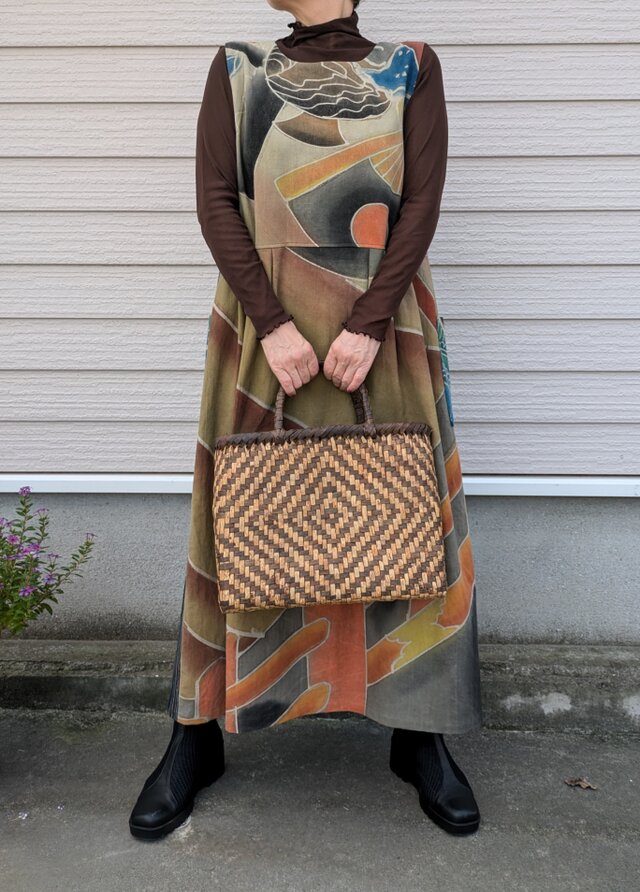 古布リメイク のぼり旗（柿渋染）の2wayジャンバースカート やばた