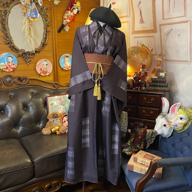 和洋折衷 着物 リメイク ロング 丈 ワンピース ドレス 洗える 化繊 帯