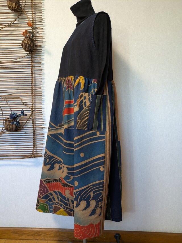 古布リメイク のぼり旗＋藍染のジャンバースカート やばた のぼり旗