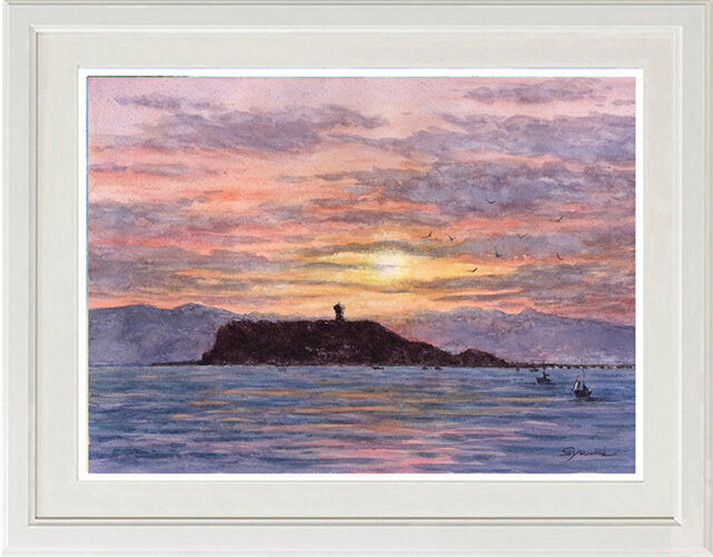 水彩画原画 湘南の夕日・江の島 ＃652 | iichi 日々の暮らしを心地よく
