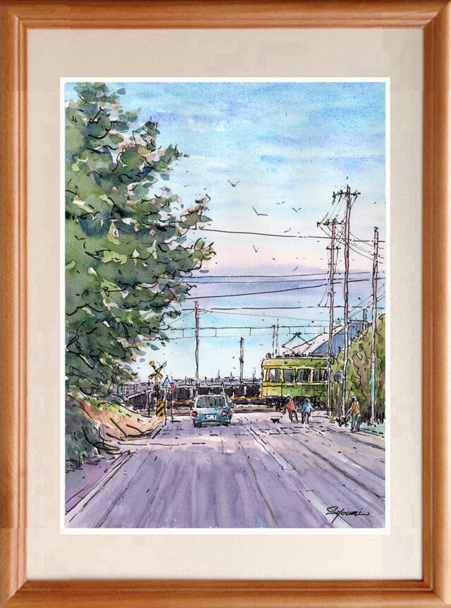 水彩画原画 鎌倉プリンスホテル前踏切と七里ガ浜の海 ＃708 | iichi