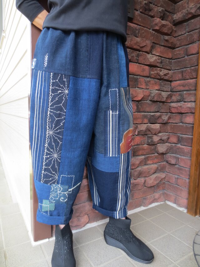 古布リメイク パッチパンツ 藍染 刺し子 柿渋染 ハンドメイド 一点物