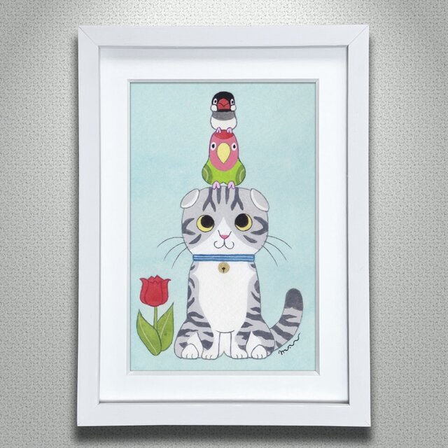 絵本作家の原画「猫と花と小鳥ブレーメン スコティッシュフォールド B