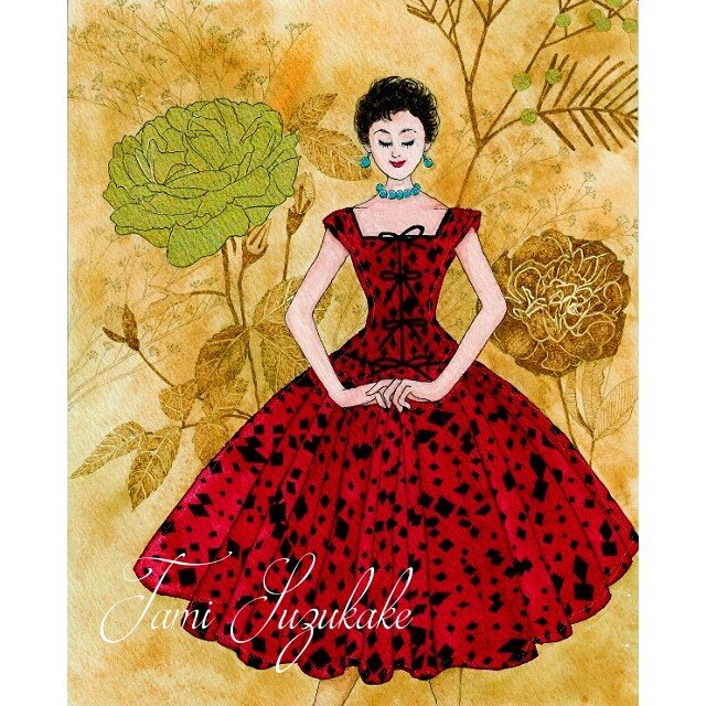 水彩画・原画「レトロなワンピースを着た女性」 | iichi 日々の暮らし