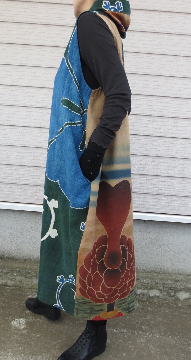 古布リメイク 緑藍染＋柿渋染幟旗ミニフードジャンバースカート