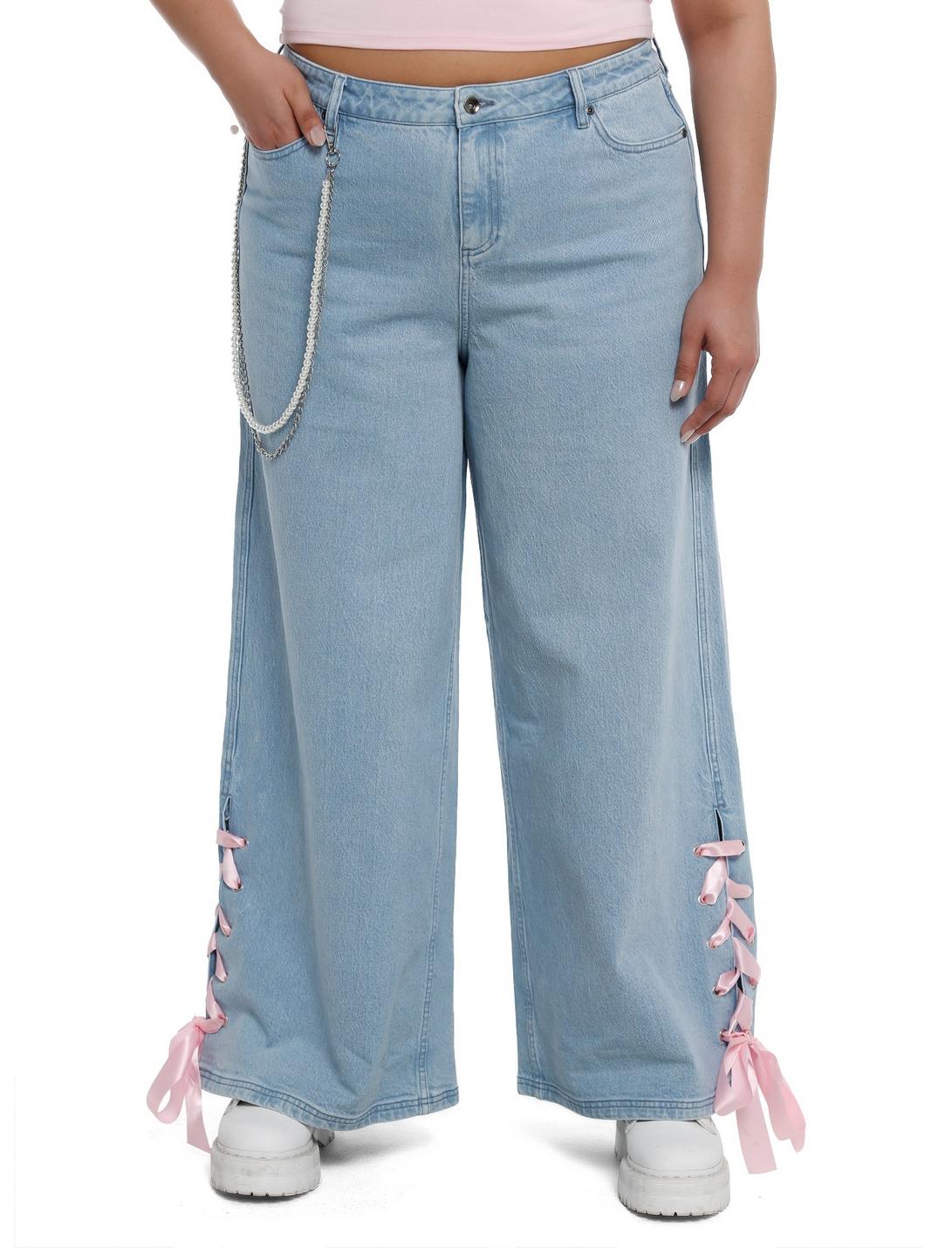 Sweet Society Pink Ribbon Heart Wide Leg Jeans Plus Size | Hot Topic