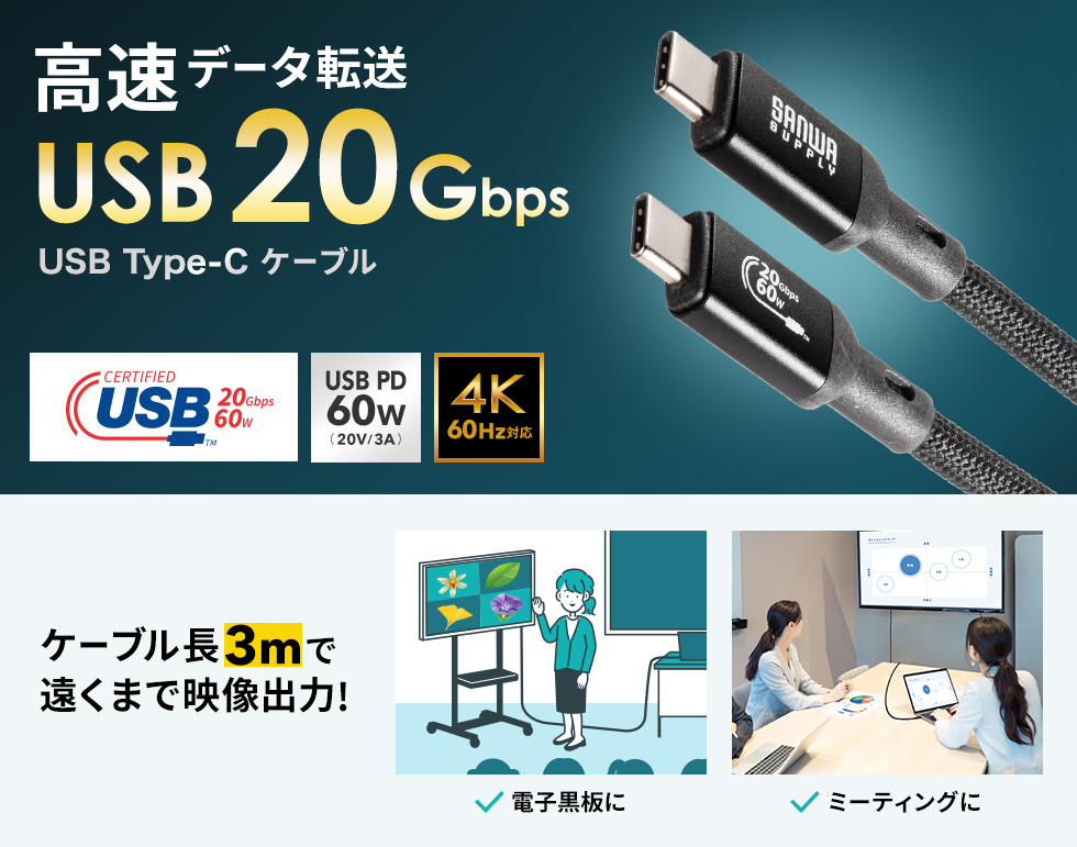 KU-20GCCP6030【USB20Gbps Type-Cケーブル（PD60W・3m）】USB Type-C