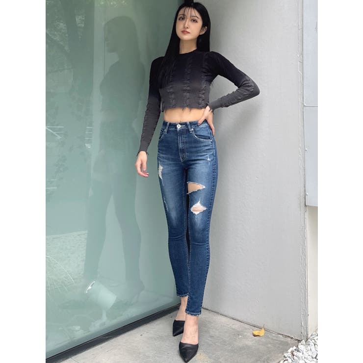 ハイウエストthigh highダメージデニムパンツ[品番：MKSW0059779