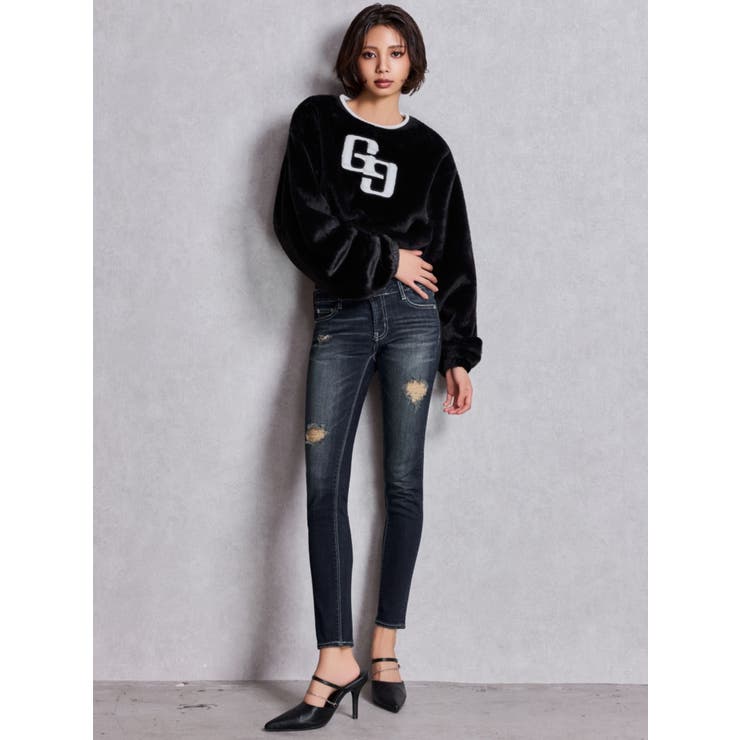 ハイウエストバッククロスダメージスキニーデニムパンツ[品番