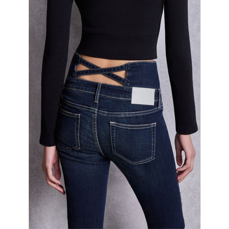 ハイウエストバッククロスダメージスキニーデニムパンツ[品番