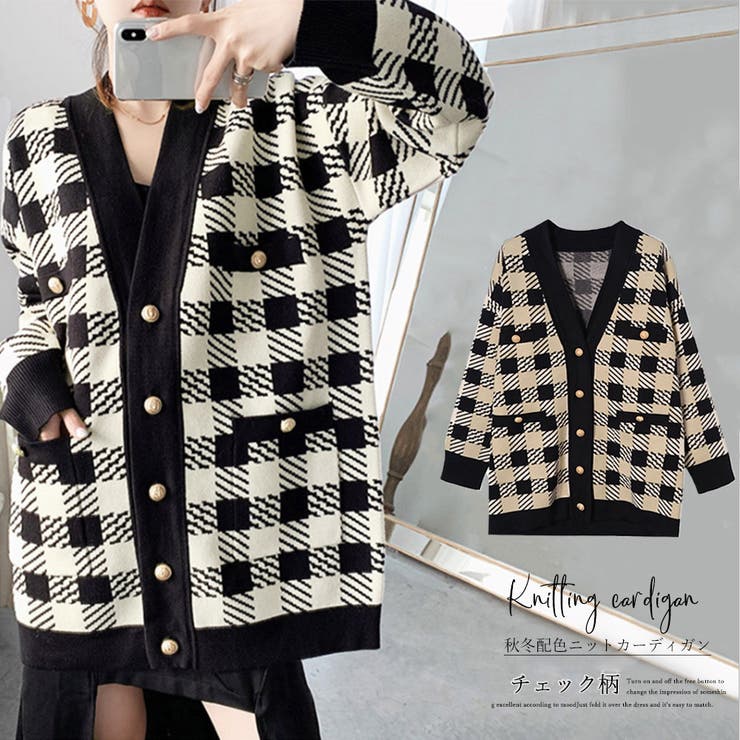 ニットカーディガン レディースチェック柄[品番：II000007491