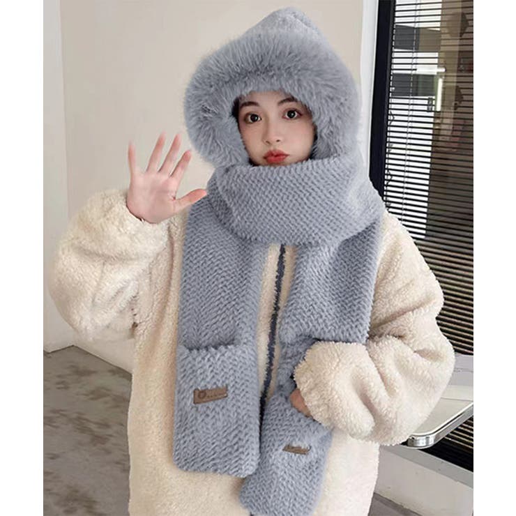 ニット帽子 マフラー手袋一体型ファー帽子[品番：II000012139